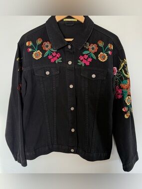 Gianni Bini Black Denim Bright Floral Embroidered Button Up Jean Jacket SZ XL
